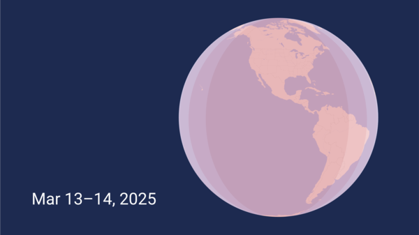 Map of the globe showing range of total lunar eclipse in March 2025