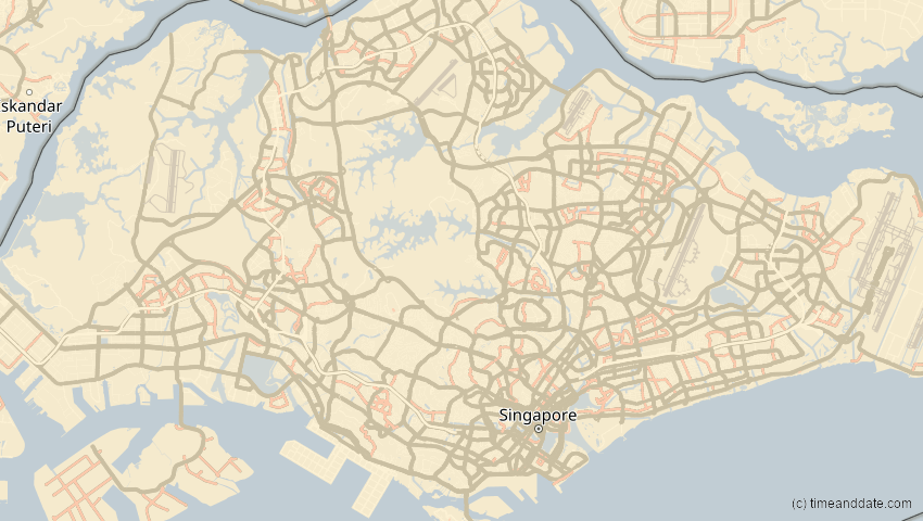 A map of Singapore, showing the path of the 2027年8月2日 (一) Total Solar Eclipse